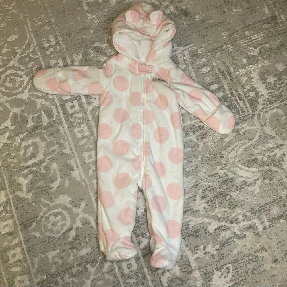 Carters Baby Girl Pink Polka Dot Fleece Pram Suit‎ Hooded Bunting Little Cutie